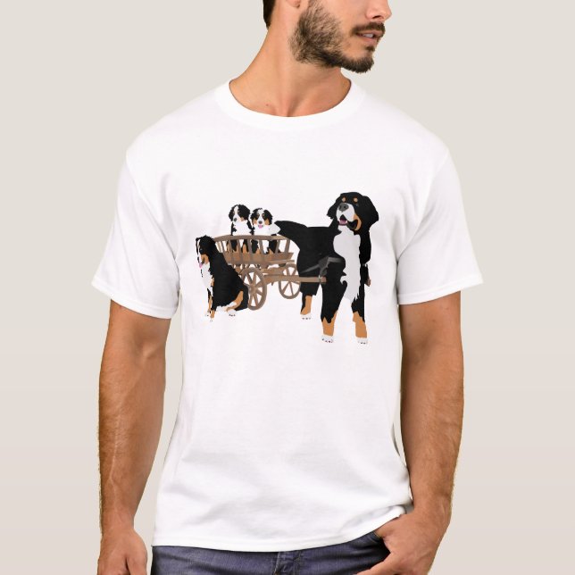 Bernese Mountain Dog Family with Wooden Wagon T-Shirt (Front)