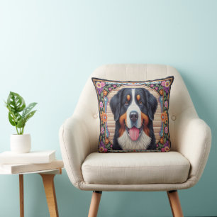 Bernese Mountain Dog Floral Colourful Border Cushion