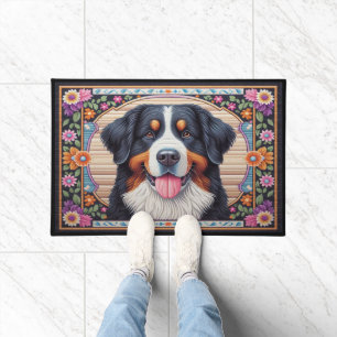 Bernese Mountain Dog Floral Colourful Border Doormat