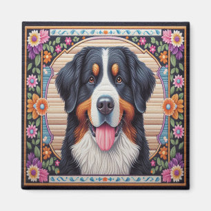 Bernese Mountain Dog Floral Colourful Border Magnet