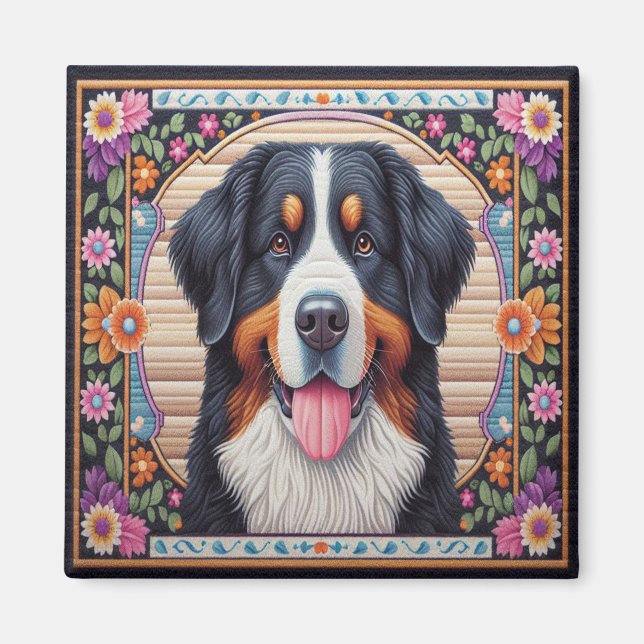 Bernese Mountain Dog Floral Colourful Border Magnet (Front)