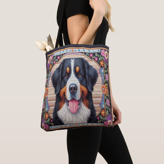 Bernese Mountain Dog Floral Colourful Border Tote Bag (Close Up)