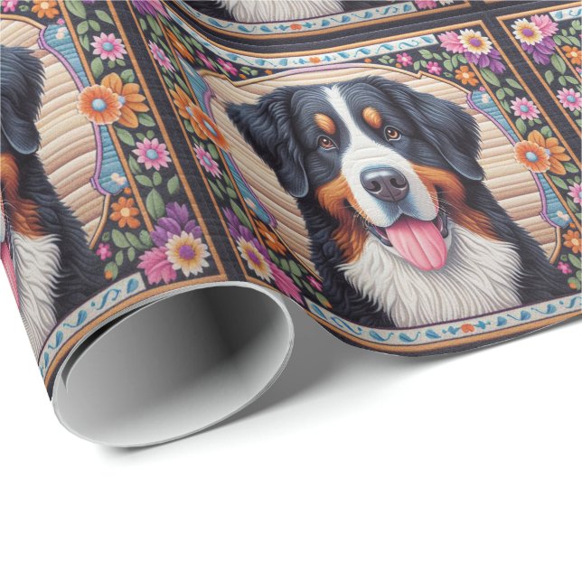 Bernese Mountain Dog Floral Colourful Border Wrapping Paper (Roll Corner)