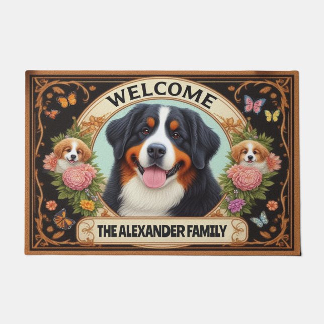 Bernese Mountain Dog Floral Family Name Welcome Doormat (Front)