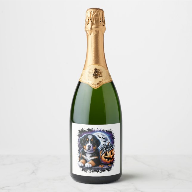 Bernese Mountain Dog Halloween Sparkling Wine Label (Front)
