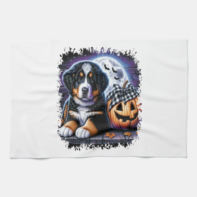 Bernese Mountain Dog Halloween Tea Towel (Horizontal)