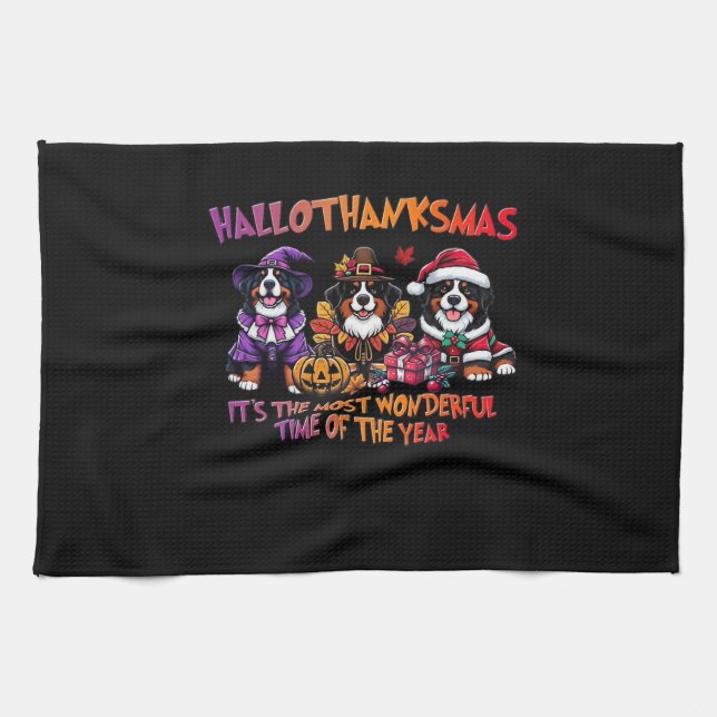 Bernese Mountain Dog Halloween Thanksgiving Christ Tea Towel (Horizontal)