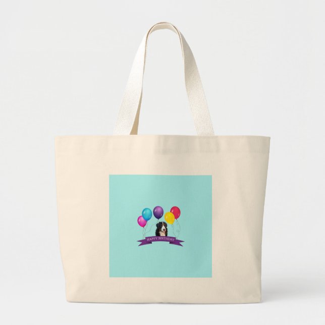 Bernese Mountain Dog Happy Birthday Large Tote Bag (Front)