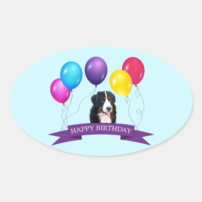 Bernese Mountain Dog Happy Birthday Oval Sticker (Front)