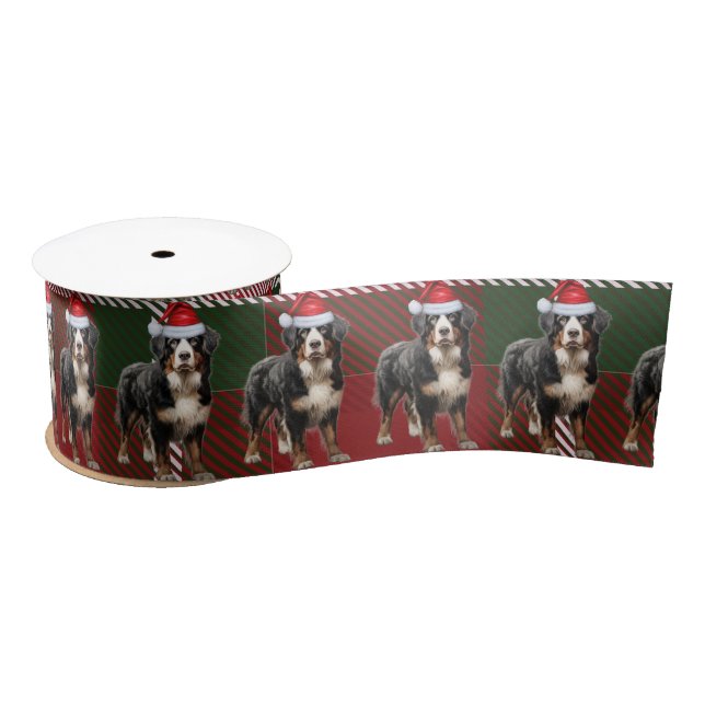 Bernese Mountain Dog Holiday Plaid Funny Christmas Satin Ribbon (Spool)