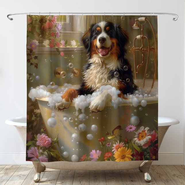 Bernese Mountain Dog in Bathtub Art Shower Curtain (Bernese Mountain Dog in Bathtub Shower Curtain)