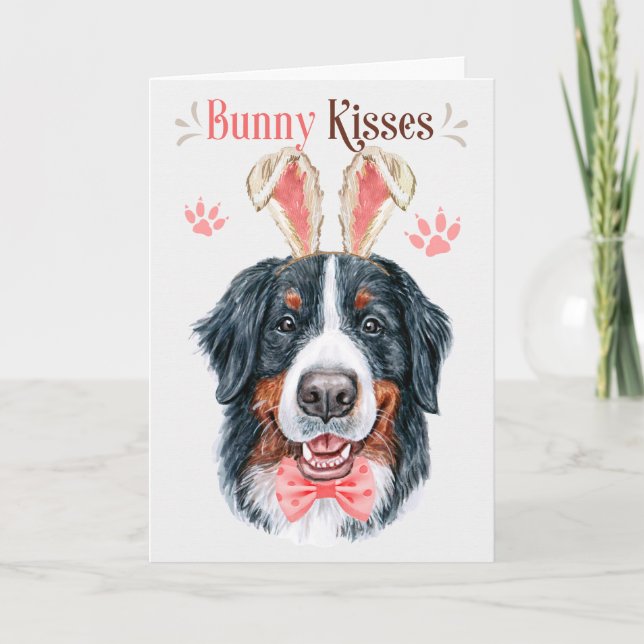 Bernese Mountain Dog in Bunny Ears Easter Holiday Card (Front)