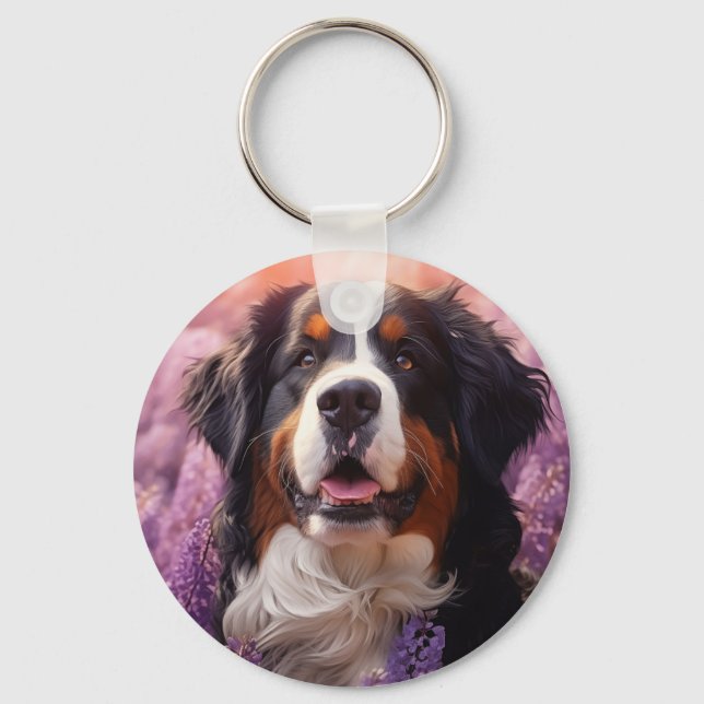 Bernese Mountain Dog in lavenders Key Ring (Front)