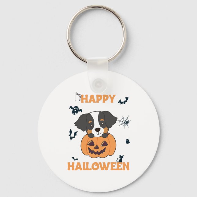 Bernese Mountain Dog In Pumpkin Dogs Happy Key Ring (Front)