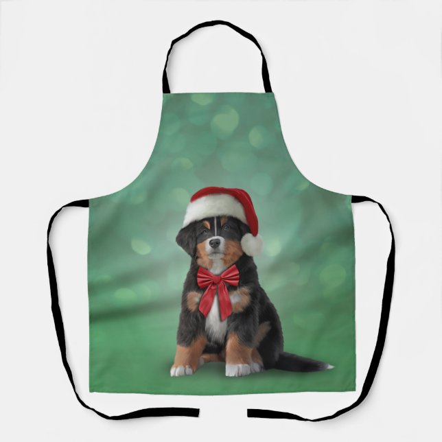 Bernese Mountain Dog in red hat of Santa  Apron (Front)
