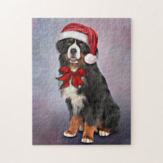 Bernese Mountain Dog in red hat of Santa Claus Jigsaw Puzzle