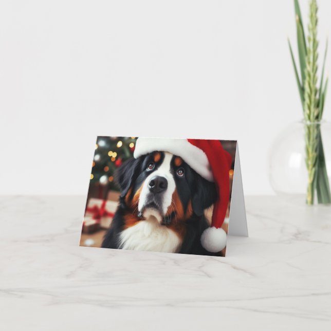 Bernese Mountain Dog in Santa Hat Merry Christmas Thank You Card (Front)