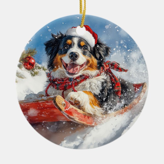 Bernese Mountain Dog in Sledge Christmas Ceramic Tree Decoration (Front)