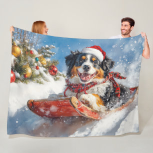 Bernese Mountain Dog in Sledge Christmas Fleece Blanket