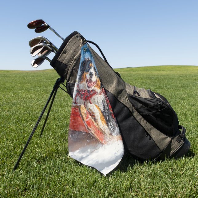 Bernese Mountain Dog in Sledge Christmas Golf Towel (Green)