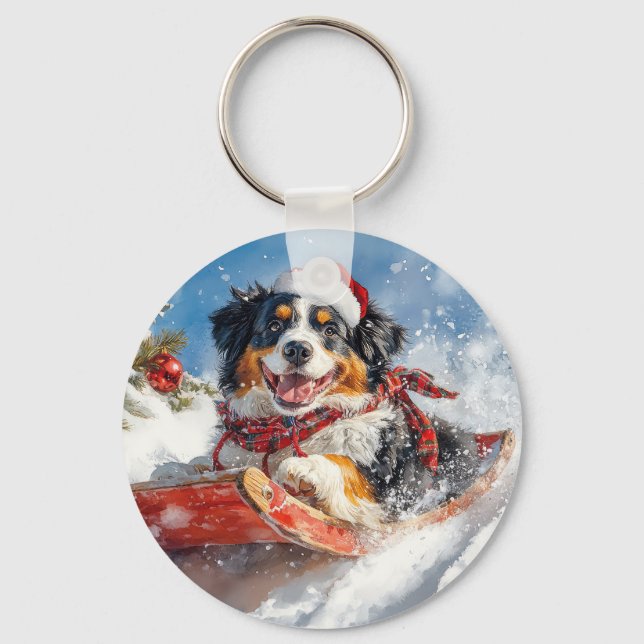 Bernese Mountain Dog in Sledge Christmas Key Ring (Front)