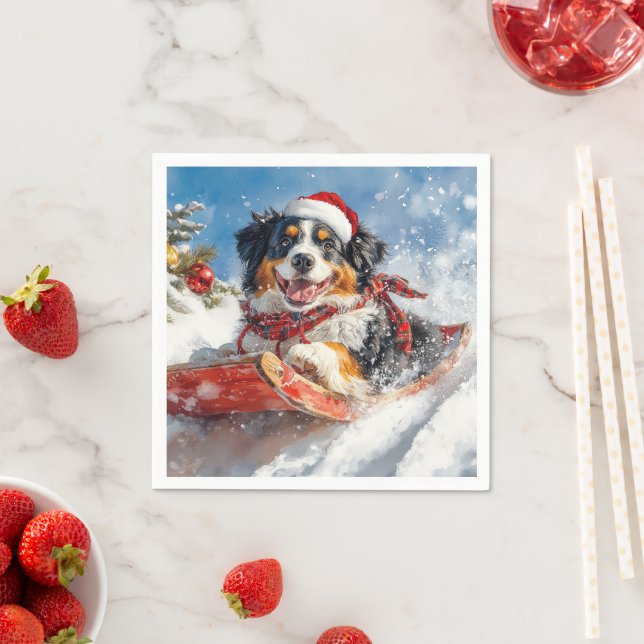 Bernese Mountain Dog in Sledge Christmas Napkin (Insitu)