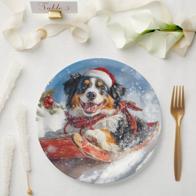 Bernese Mountain Dog in Sledge Christmas Paper Plate (Wedding)