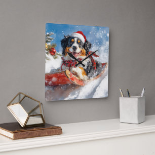 Bernese Mountain Dog in Sledge Christmas Square Wall Clock