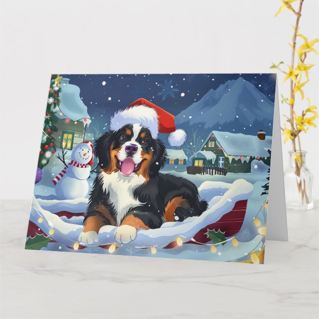 Bernese Mountain Dog in Sleigh Snow Christmas Card (Yellow Flower)