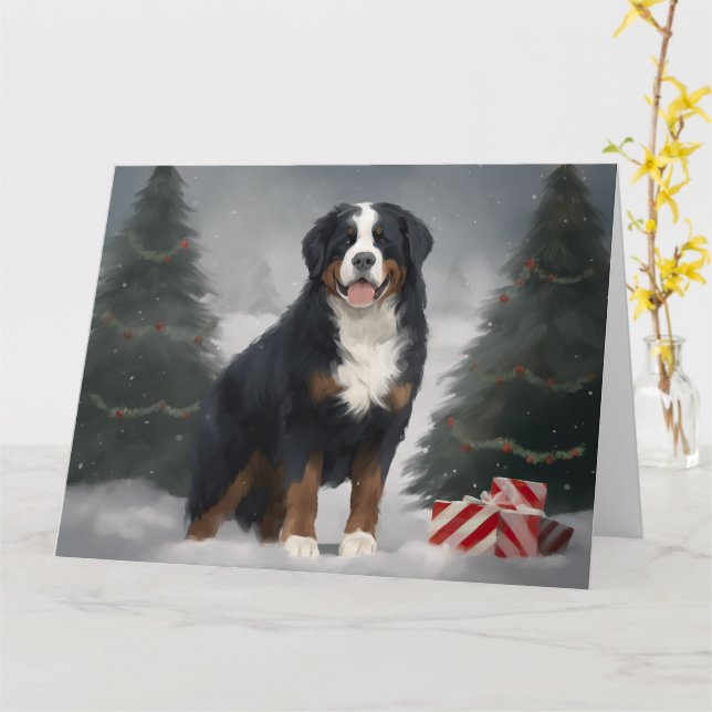 Bernese Mountain Dog in Snow Christmas  Card (Yellow Flower)
