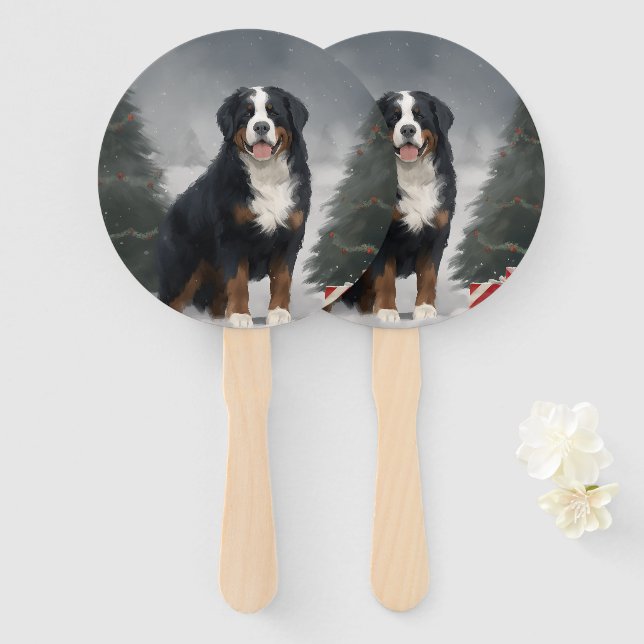Bernese Mountain Dog in Snow Christmas  Hand Fan (Front and Back)