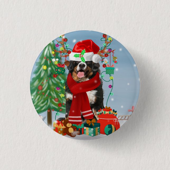 Bernese Mountain Dog in Snow with Christmas Gifts  3 Cm Round Badge (Front)