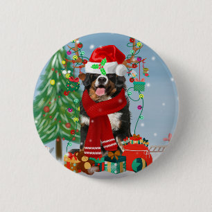 Bernese Mountain Dog in Snow with Christmas Gifts 6 Cm Round Badge