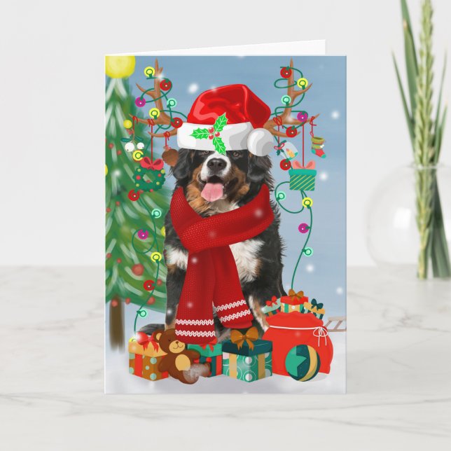 Bernese Mountain Dog in Snow with Christmas Gifts  Card (Front)