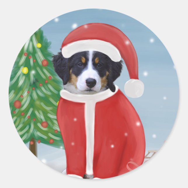 Bernese Mountain Dog in Snow with Christmas Gifts  Classic Round Sticker (Front)