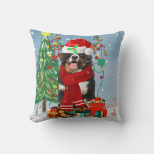 Bernese Mountain Dog in Snow with Christmas Gifts Cushion