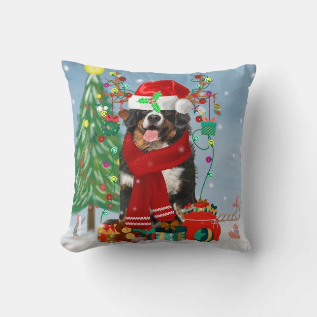 Bernese Mountain Dog in Snow with Christmas Gifts  Cushion (Front)