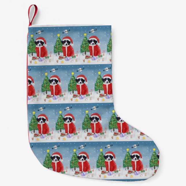 Bernese Mountain Dog in Snow with Christmas Gifts  Small Christmas Stocking (Front)