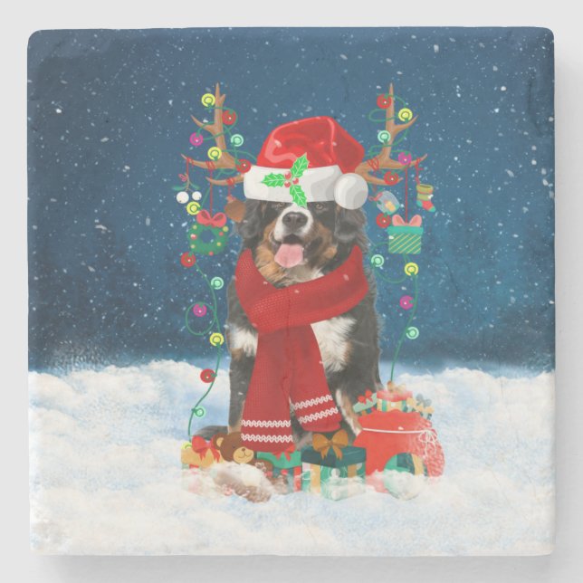 Bernese Mountain Dog in Snow with Christmas Gifts  Stone Coaster (Front)