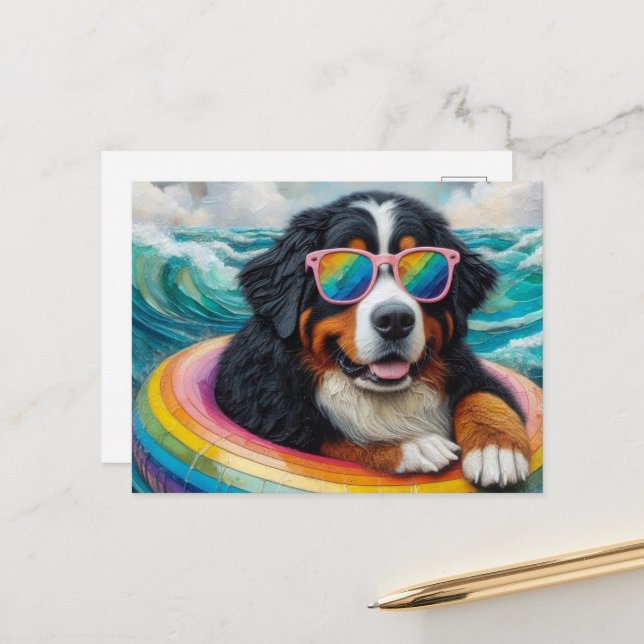 Bernese Mountain Dog on a Rainbow Colour Float Postcard (Front/Back In Situ)