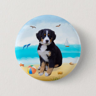 Bernese Mountain Dog on Beach 6 Cm Round Badge