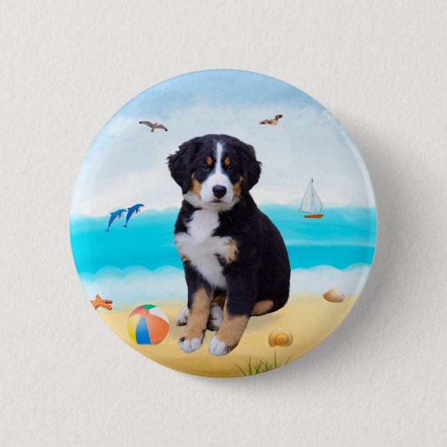 Bernese Mountain Dog on Beach 6 Cm Round Badge (Front)