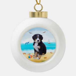 Bernese Mountain Dog on Beach  Ceramic Ball Christmas Ornament