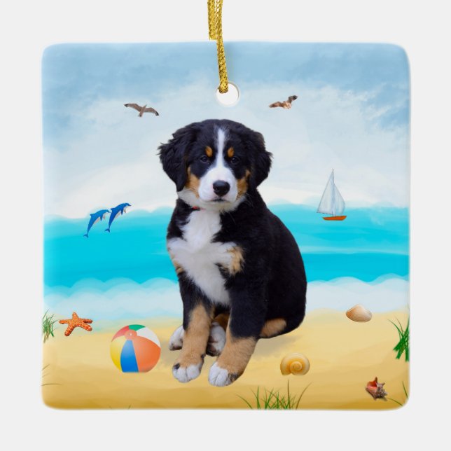 Bernese Mountain Dog on Beach Ceramic Ornament (Front)