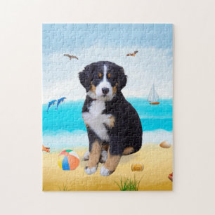 bernese mountain dog on beach jigsaw puzzle