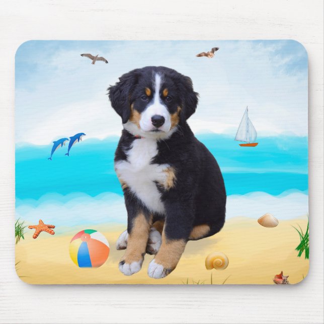 Bernese Mountain Dog on Beach Mouse Mat (Front)
