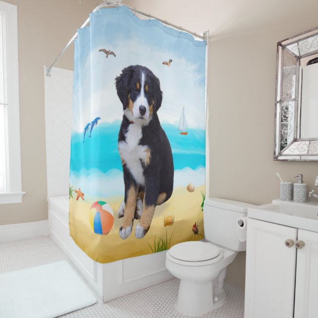 Bernese Mountain Dog on Beach Shower Curtain (In Situ)