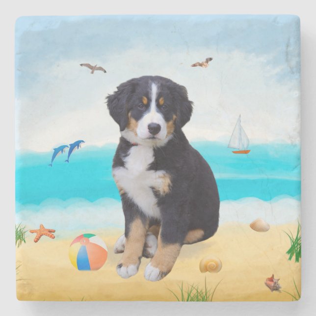 Bernese Mountain Dog on Beach Stone Coaster (Front)
