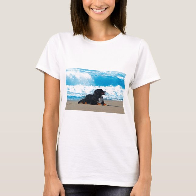 Bernese Mountain Dog on Beach T-Shirt (Front)