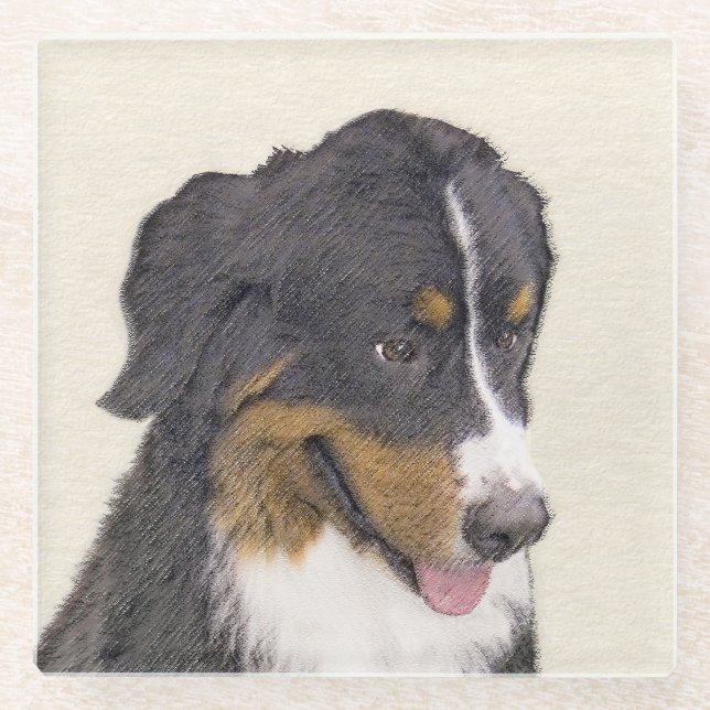 Bernese Mountain Dog Painting - Original Dog Art Glass Coaster (Front)